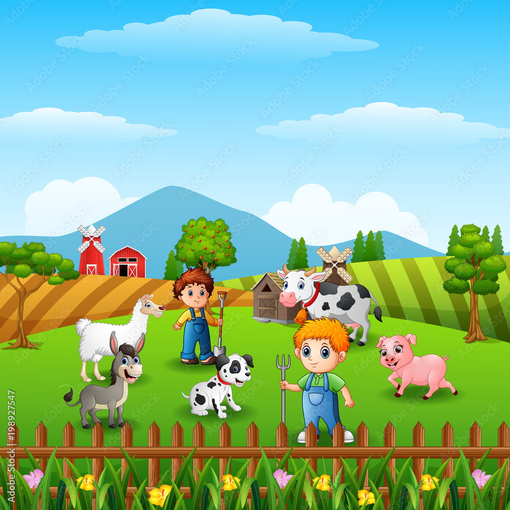 Naklejka premium Cartoon little farmers with animals at the farm