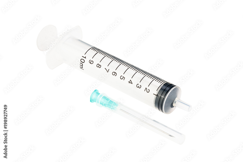 Syringe with needle in protective cap. Isolated on white background Syringe with needle in protective cap. Isolated on white background