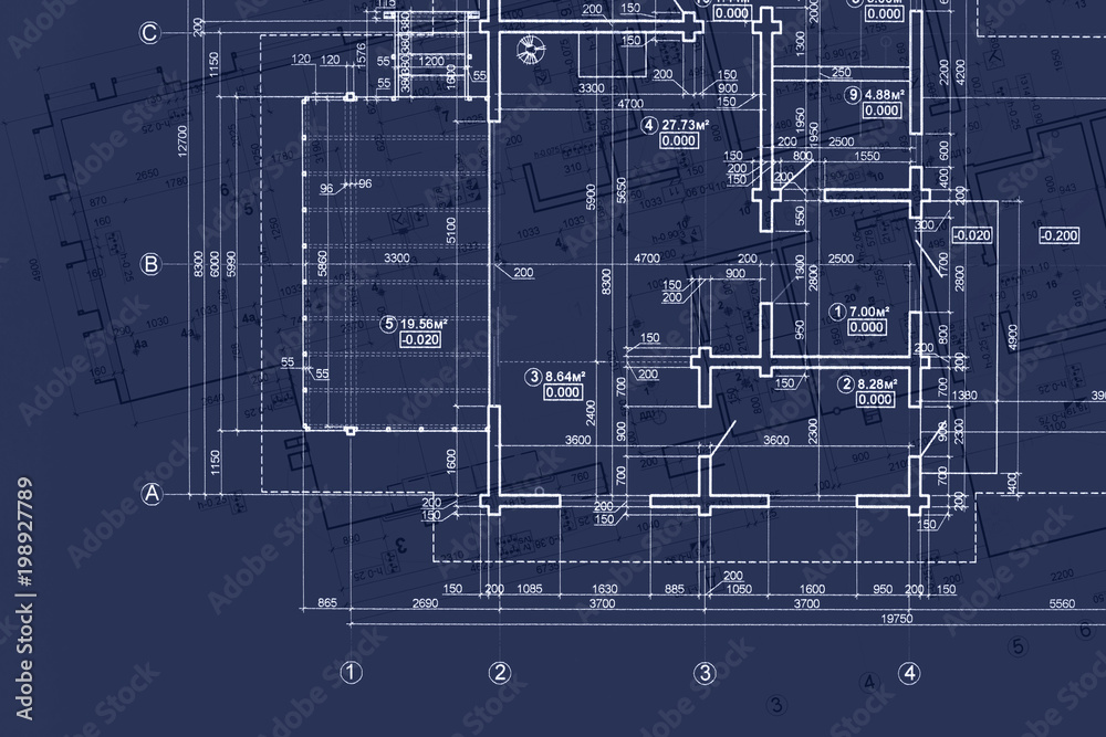 house blueprint on architects desk, engineering drawings and plans on dark blue background