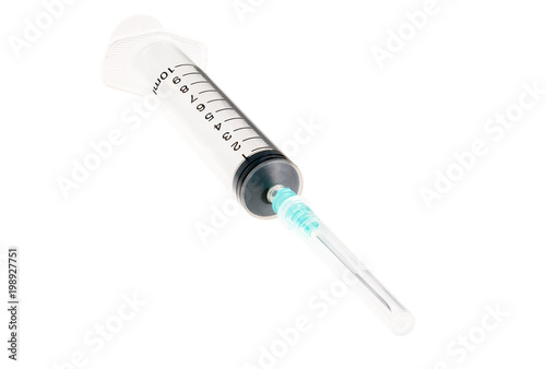 Syringe with needle in protective cap. Isolated on white background