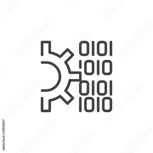 Gear and Binary code outline icon. linear style sign for mobile concept and web design. Code settings line vector icon. Symbol, logo illustration. Pixel perfect vector graphics
