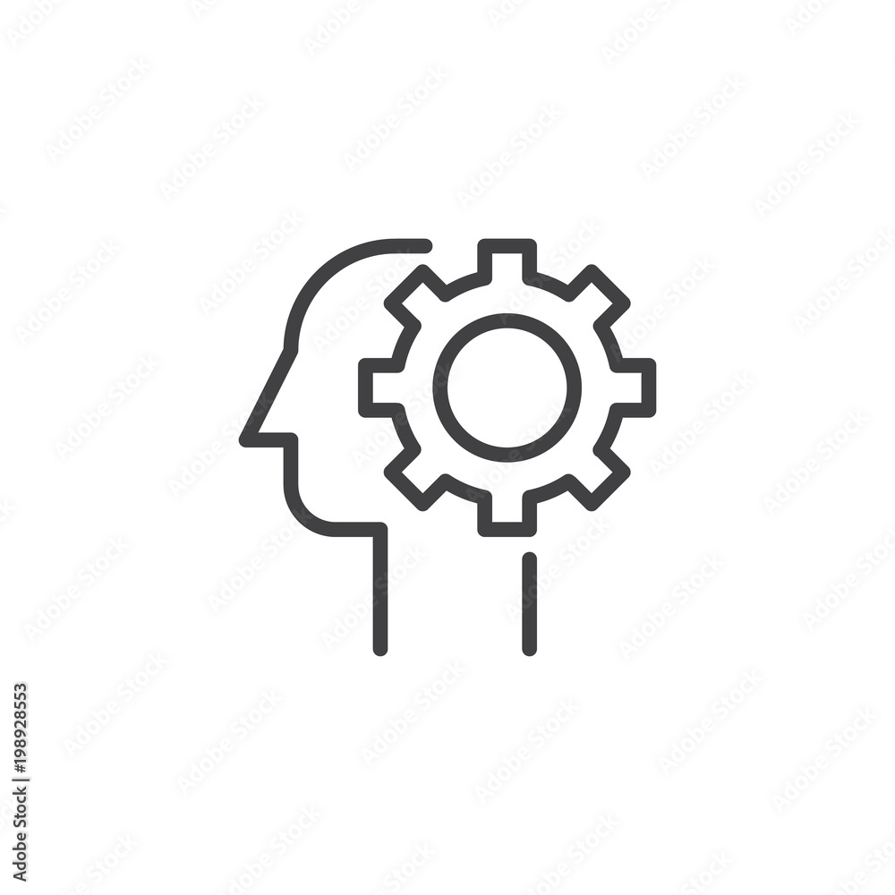 Gear in head outline icon. linear style sign for mobile concept and web design. Thinking process, idea generation, brain functioning simple line vector icon. Symbol, logo illustration Gear in head outline icon. linear style sign for mobile concept and web design. Thinking process, idea generation, brain functioning simple line vector icon. Symbol, logo illustration