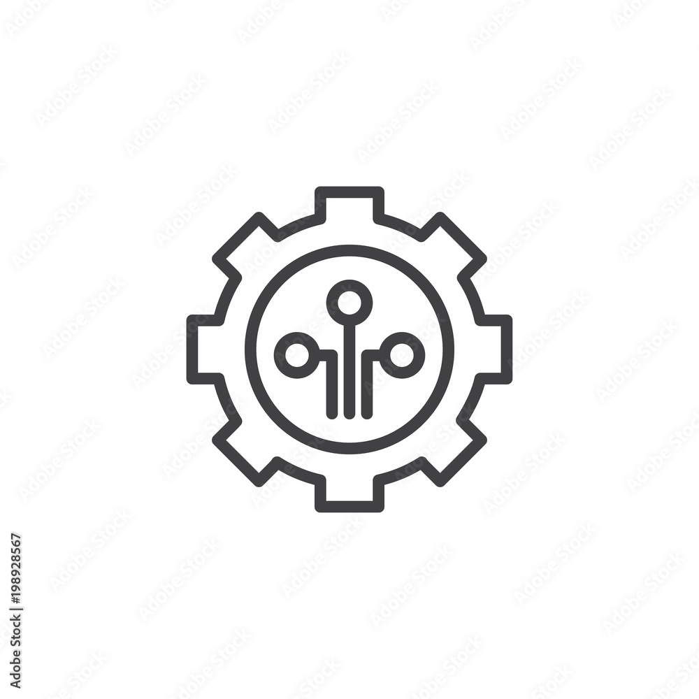 Network settings outline icon. linear style sign for mobile concept and web design. Gear and network connection inside simple line vector icon. Symbol, logo illustration. Pixel perfect vector graphics Network settings outline icon. linear style sign for mobile concept and web design. Gear and network connection inside simple line vector icon. Symbol, logo illustration. Pixel perfect vector graphics
