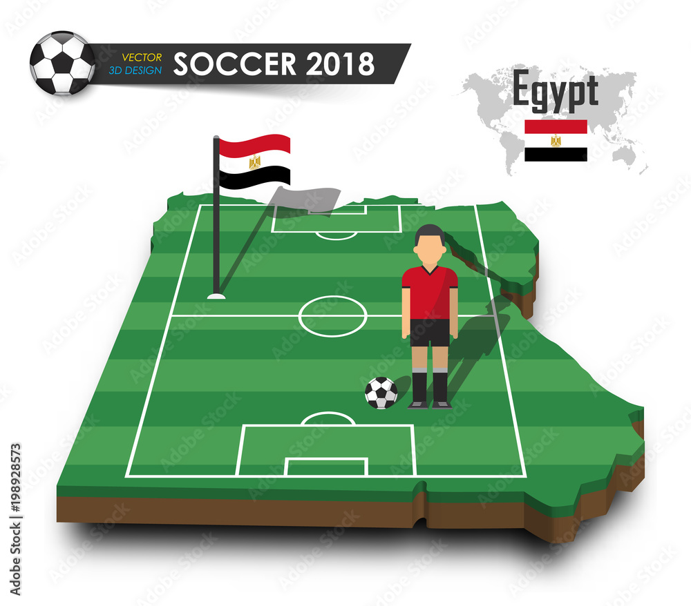 Egypt national soccer team . Football player and flag on 3d design country map . isolated background . Vector for international world championship tournament 2018 concept