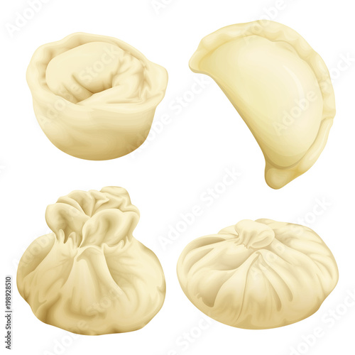 Vector realistic dumplings set. Vareniki pierogi khinkali xiao long bao baozi momo ravioli. Stuffed pork meat dough vegetable. 3d illustration national ukrainian belorussian asian cuisine