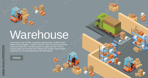 Warehouse isometric 3D vector illustration of logistics transport and delivery vehicles. Isometric warehouse map plan with parcels departments and loader forklift trucks for web site or infographics