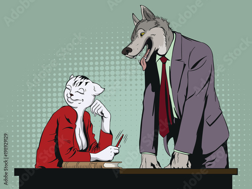 Coquettish girl and lustful male. Cat and wolf. People in images of animals.