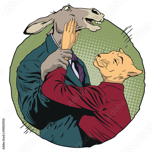 Girl hugs male. Cat caresses an donkey. People in images of animals.