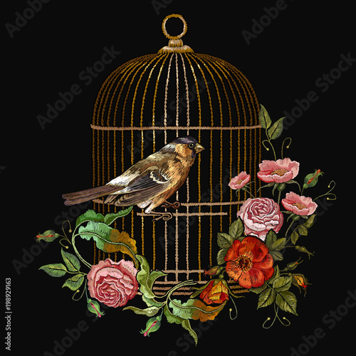 Embroidery birds and birds cage and flowers vector. Spring fashion art, template for design of clothes, t-shirt. Classical embroidery titmouse, golden cage, vintage buds of wild roses