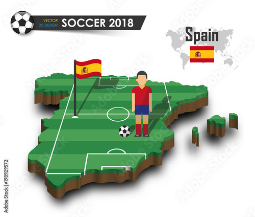 Spain national soccer team . Football player and flag on 3d design country map . isolated background . Vector for international world championship tournament 2018 concept