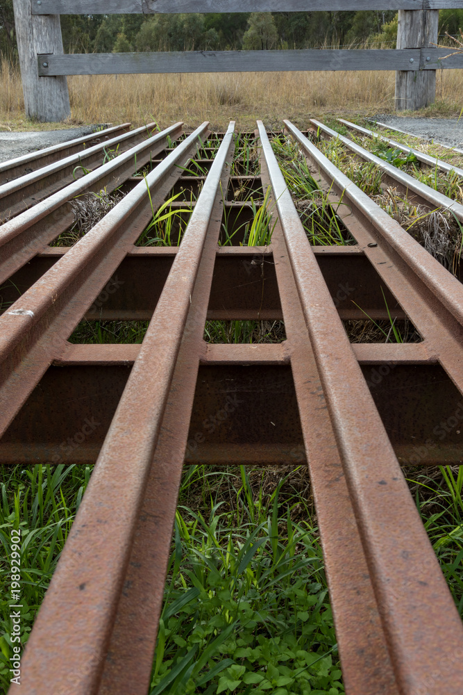 Close up low angle view of steel cattle grid