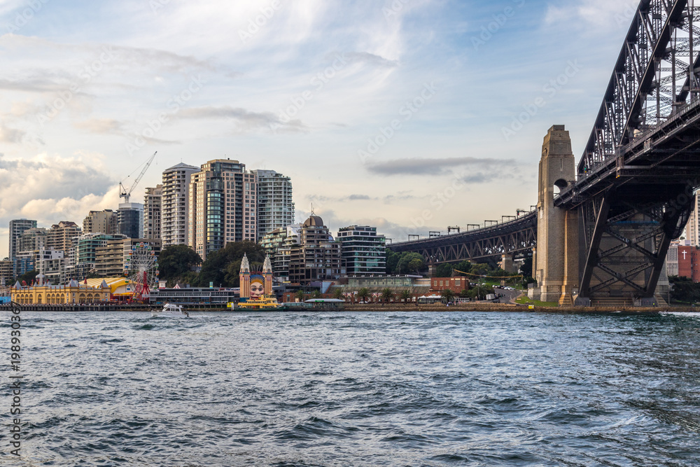 View of Luna Park and city skyline across  Sydney Harbour