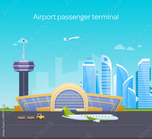 Airport passenger terminal, runway with airplanes, airport building, service customers.