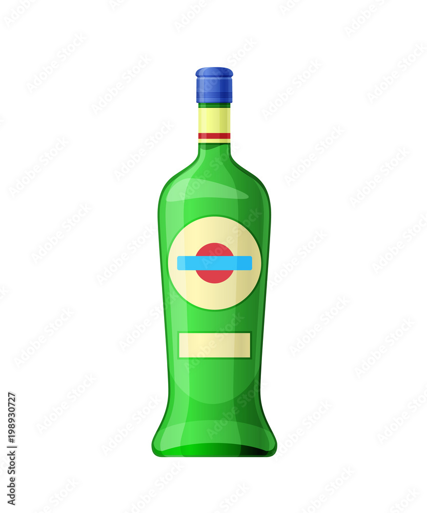 Template, layout, empty glass bottle of martini, alcohol drink.