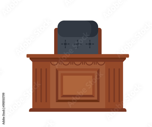 Workplace of judge, wooden carved table, and a working chair.