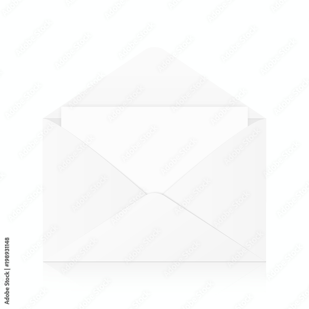 White realistic envelope mockup. White open envelope template isolated with reflection. Vector object, eps 10 White realistic envelope mockup. White open envelope template isolated with reflection. Vector object, eps 10