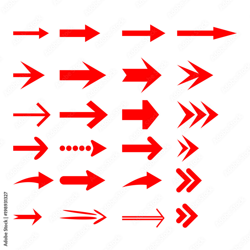 Red arrow icons set. Different shape concept, internet button isolated on white background, graphic design. Vector illustration.