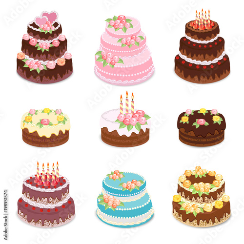 Vector cakes collection. Set of different types sweet baked cakes - chocolate cake, birthday and wedding celebration cakes.