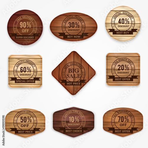 Wooden sale discount banners, stickers, labels collection . Set of various shapes wooden sign. Vector illustration.