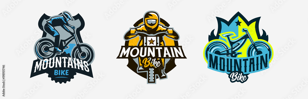 A set of colorful logos, badges, emblems on the theme of a rider and a trip on a mountain bike. Bicycle, transport, downhill, freeride, extreme, sports. T-shirt printing, vector illustration. A set of colorful logos, badges, emblems on the theme of a rider and a trip on a mountain bike. Bicycle, transport, downhill, freeride, extreme, sports. T-shirt printing, vector illustration.