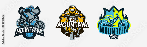 A set of colorful logos, badges, emblems on the theme of a rider and a trip on a mountain bike. Bicycle, transport, downhill, freeride, extreme, sports. T-shirt printing, vector illustration.