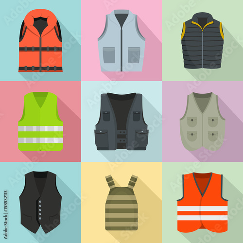 Vest waistcoat jacket suit icons set. Flat illustration of 9 vest waistcoat jacket suit vector icons for web