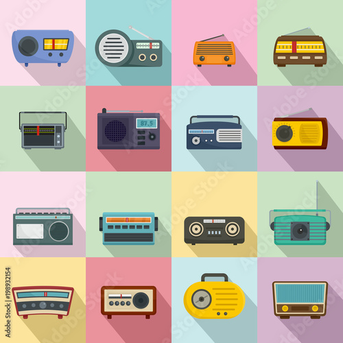 Radio music old device icons set. Flat illustration of 16 radio music old device vector icons for web photo