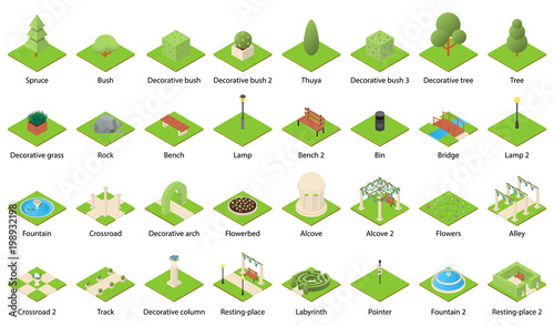 Park nature elements landscape design icons set. Isometric illustration of 32 park nature elements landscape vector icons for web