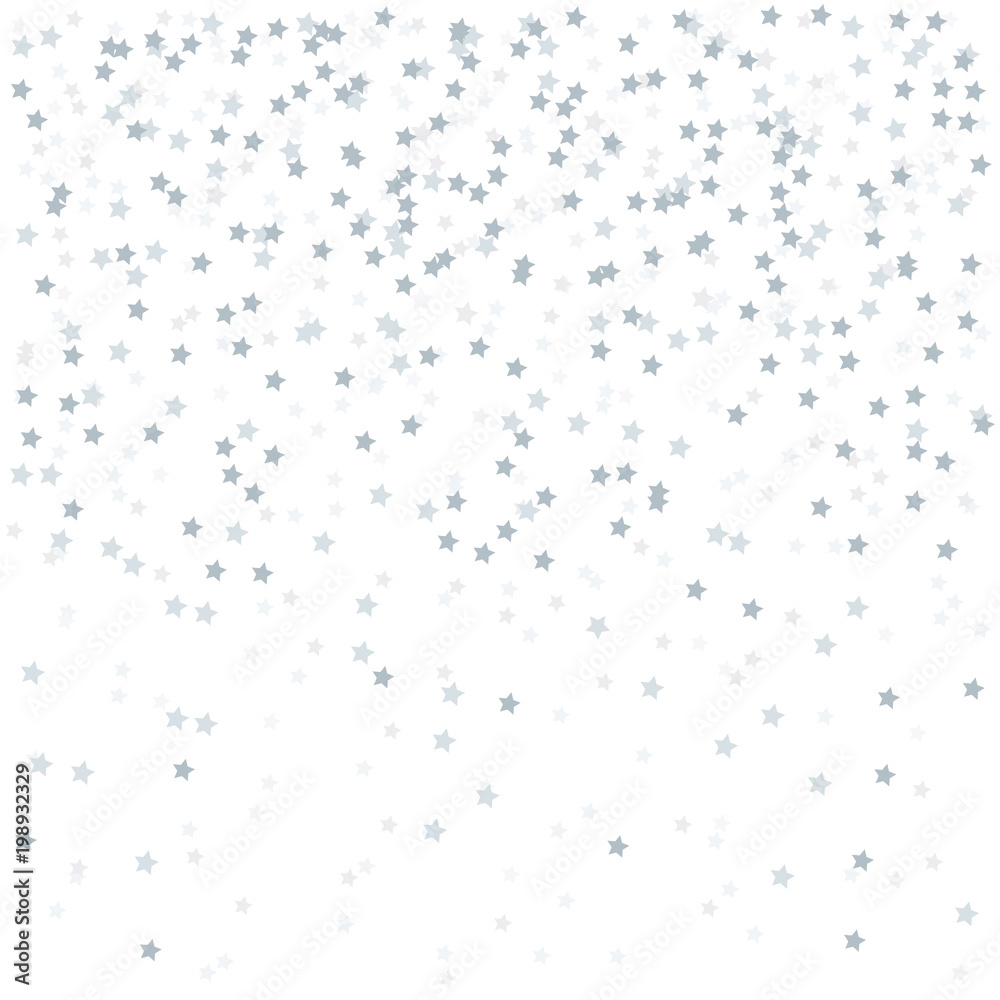 Abstract wallpaper with random falling silver stars. Grey color. Geometric background with confetti. Texture for design. Print for polygraphy, posters, t-shirts and textiles. Greeting cards