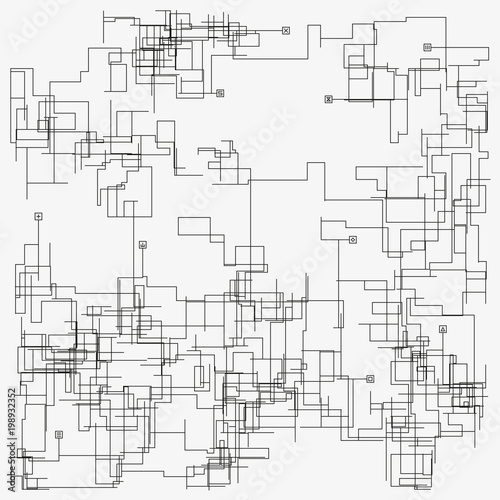Conceptual image of wired communication system. Modern monochrome vector illustration. Complex schematic abstract electrical scheme. Intricate geometric plan. Element of design.