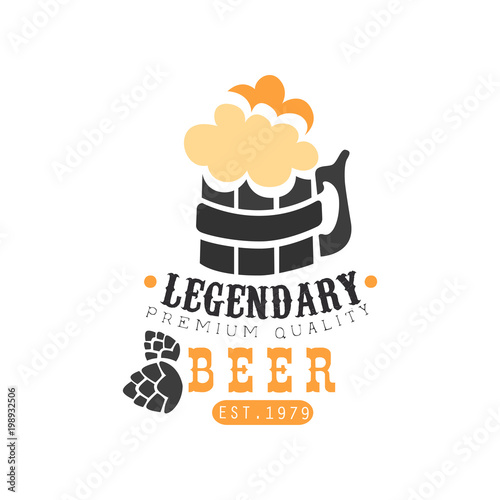 Stylish logo design with mug of legendary beer with foam