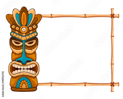 Wooden Tiki mask and bamboo frame
