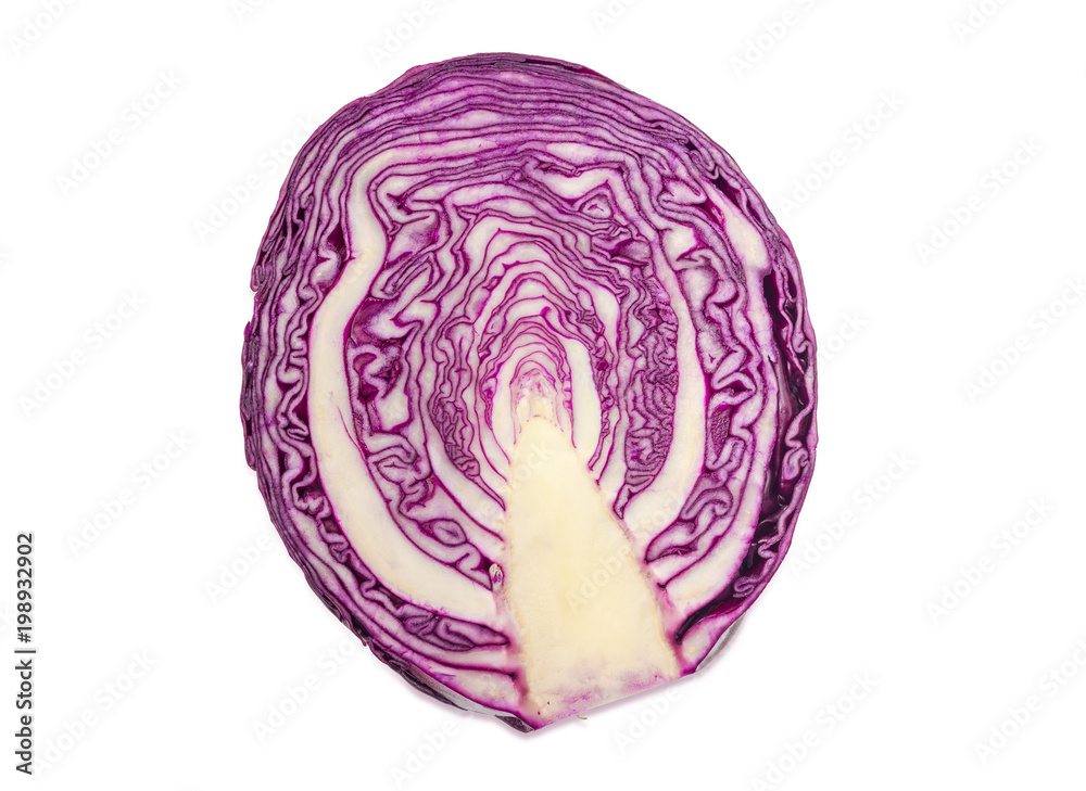 Longitudinal section of the red cabbage on a white background Longitudinal section of the red cabbage on a white background
