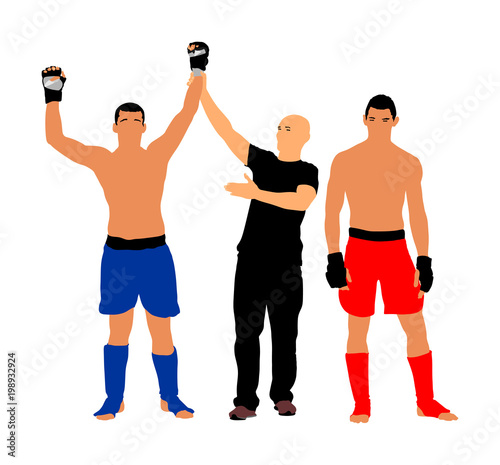The referee declares the winner, fighter vector illustration.Referee proclaims winner of the fighting match. MMA fighters, boxing match.