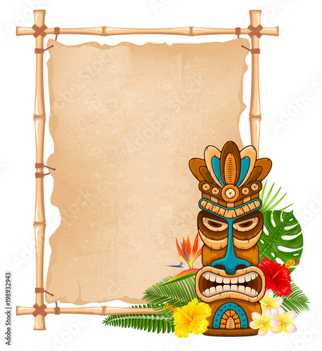Wooden Tiki mask and bamboo signboard