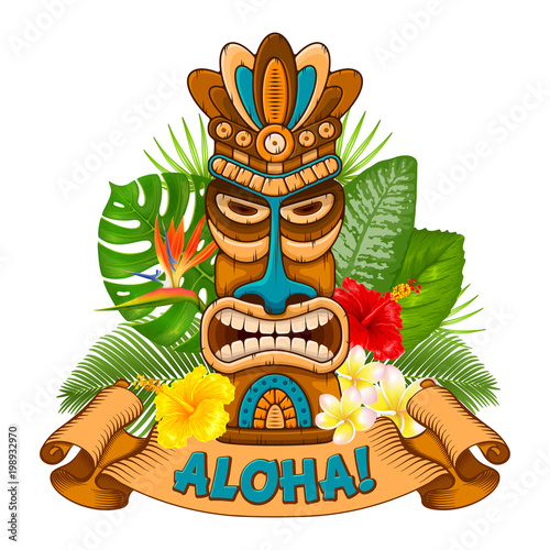 Wooden Tiki mask and signboard of bar