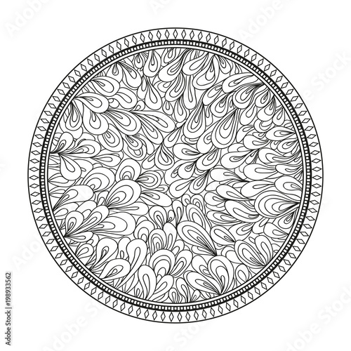 Circle zendala. Abstract element. Zentangle. Hand drawn foliage mandala on isolation background. Design for spiritual relaxation for adults. Print for polygraphy, t-shirts and textiles. Zen art