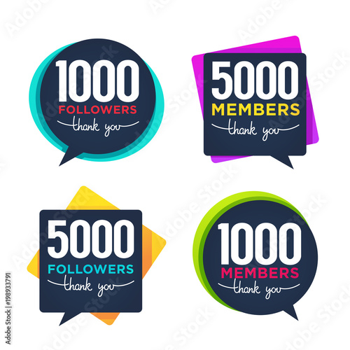 1000 followers and members , thank you frames, bubbles and banners, with lettering composition