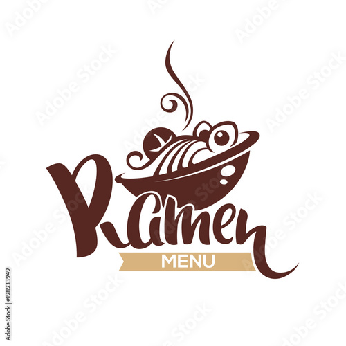 Ramen Menu, vector logo template with bowl full of noodle and lettering composition for your Japanese reastaurant
