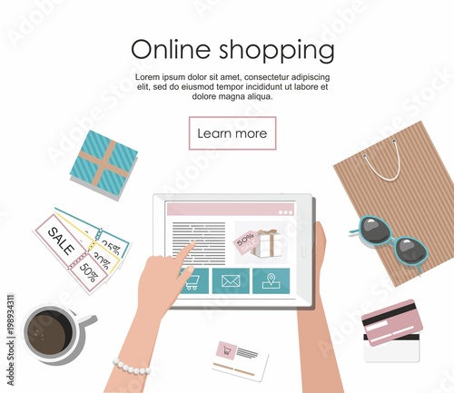 Woman shopping in the online store on the tablet. Vector Illusrtation