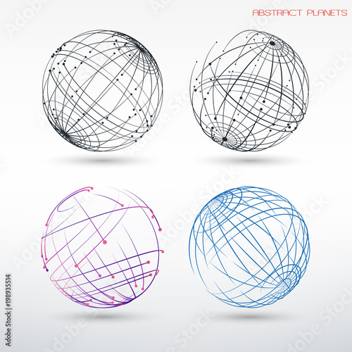 Set of abstract images of planets. Frame geometric shapes from points and lines. Templates for registration of design projects. Web technologies, communication and the Internet.