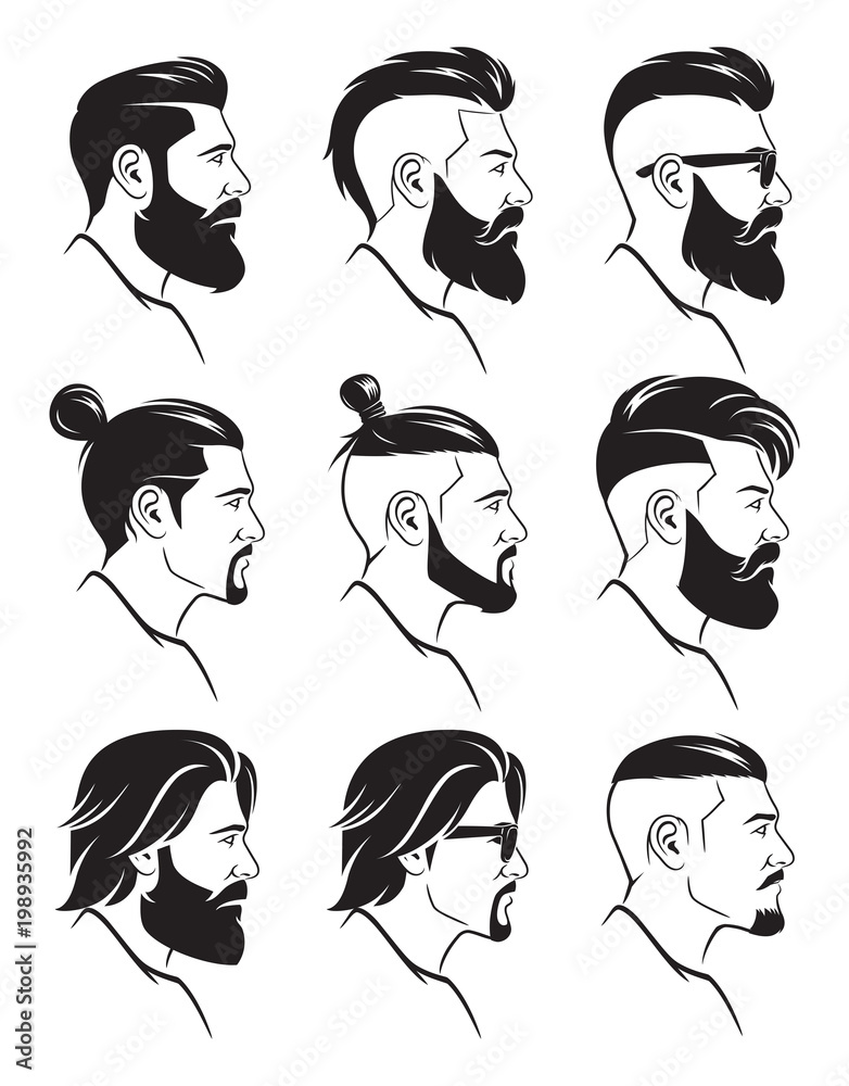 Set of silhouette bearded men faces hipsters style with different haircuts.  Vector illustration. Stock Vector | Adobe Stock