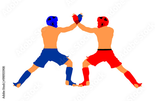 Two mma fighters vector illustration isolated on white background. Mixed martial arts battle. Wrestling, boxing, judo, karate and other skills. Self defense concept.