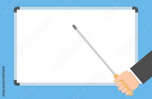Hand holding a pointer and pointing to a blank white board with it. Presentation concept