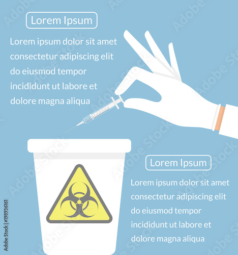 Hand holding and throwing away used hypodermic needle into a trash bin with biohazard sign on it