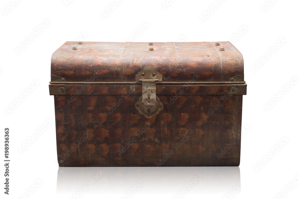 front view,Di cut Ancient brown iron chest,old box rusty,on white background,copy space front view,Di cut Ancient brown iron chest,old box rusty,on white background,copy space