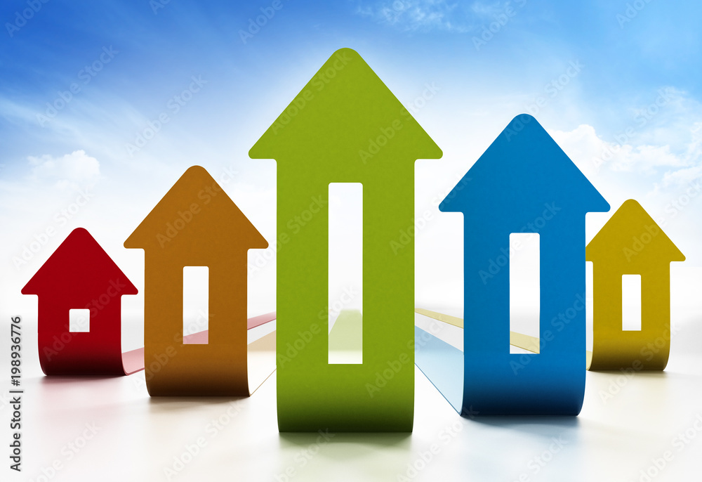 Rising house prices chart on white background. 3D illustration Rising house prices chart on white background. 3D illustration