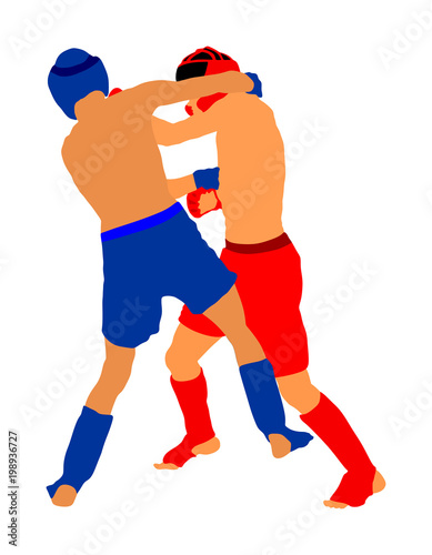 Two mma fighters vector illustration isolated on white background. Mixed martial arts battle. Wrestling, boxing, judo, karate and other skills. Self defense concept.