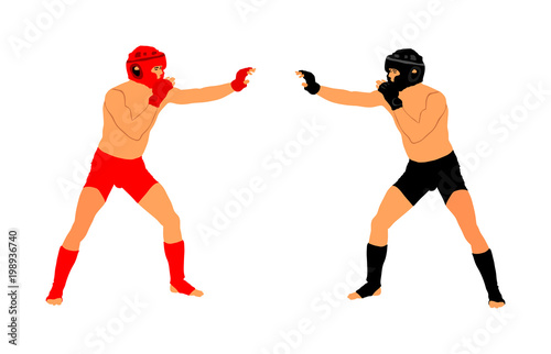 Two mma fighters vector illustration isolated on white background. Mixed martial arts battle. Wrestling, boxing, judo, karate and other skills. Self defense concept.