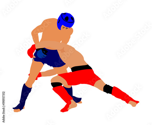 Two mma fighters vector illustration isolated on white background. Mixed martial arts battle. Wrestling  boxing  judo  karate and other skills. Self defense concept.